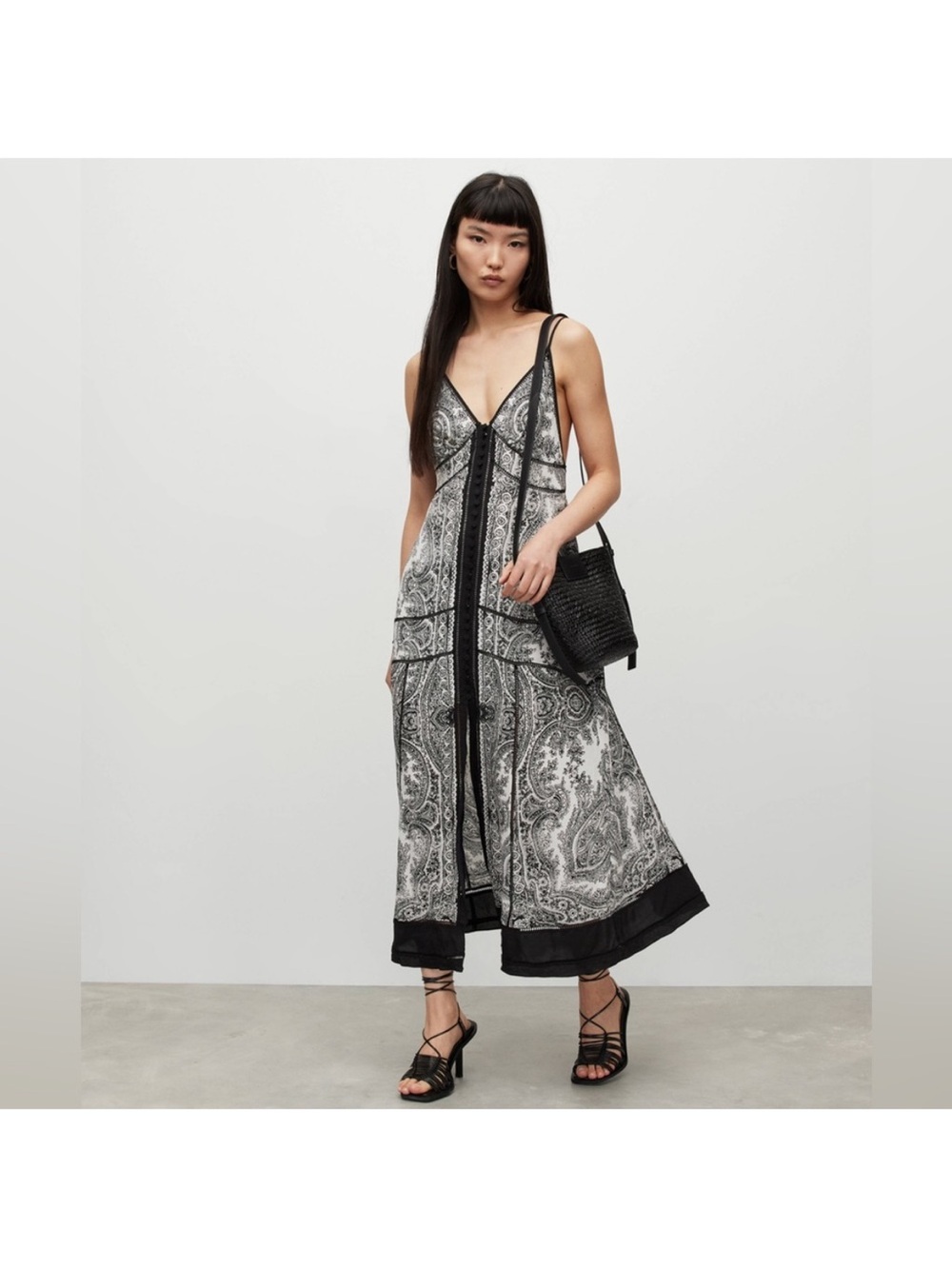 AllSaints Dahlia Rafaela Maxi Dress, Black & White Paisley, US 6 / UK 10